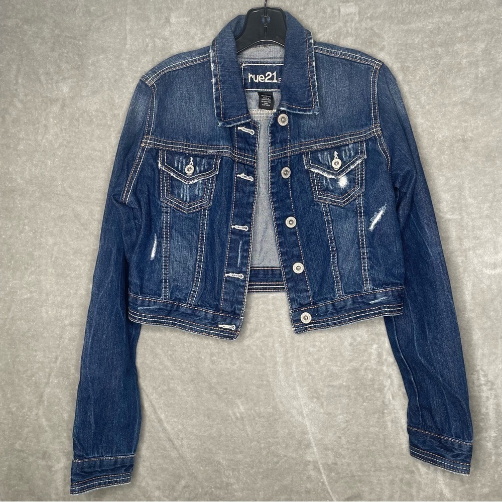 Rue21 Distressed Cropped Jean Jacket Blue Denim Button Front Size M
